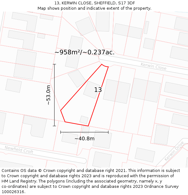 13, KERWIN CLOSE, SHEFFIELD, S17 3DF: Plot and title map