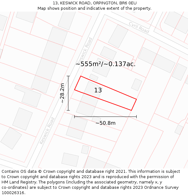 13, KESWICK ROAD, ORPINGTON, BR6 0EU: Plot and title map