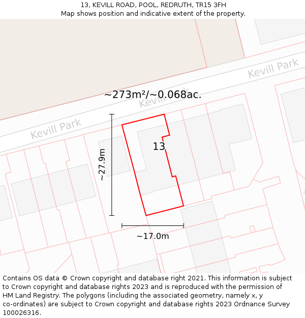 13, KEVILL ROAD, POOL, REDRUTH, TR15 3FH: Plot and title map
