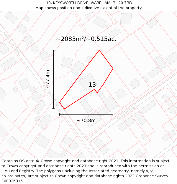 13, KEYSWORTH DRIVE, WAREHAM, BH20 7BD: Plot and title map