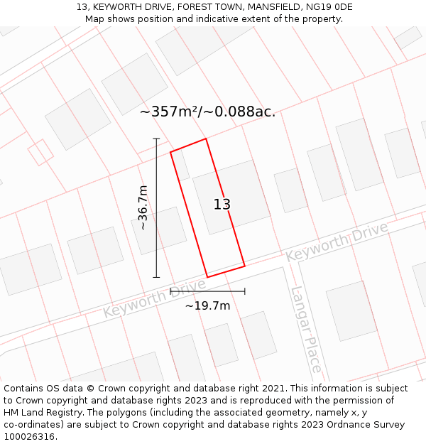 13, KEYWORTH DRIVE, FOREST TOWN, MANSFIELD, NG19 0DE: Plot and title map