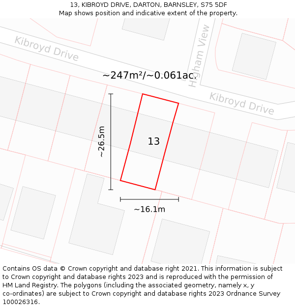 13, KIBROYD DRIVE, DARTON, BARNSLEY, S75 5DF: Plot and title map