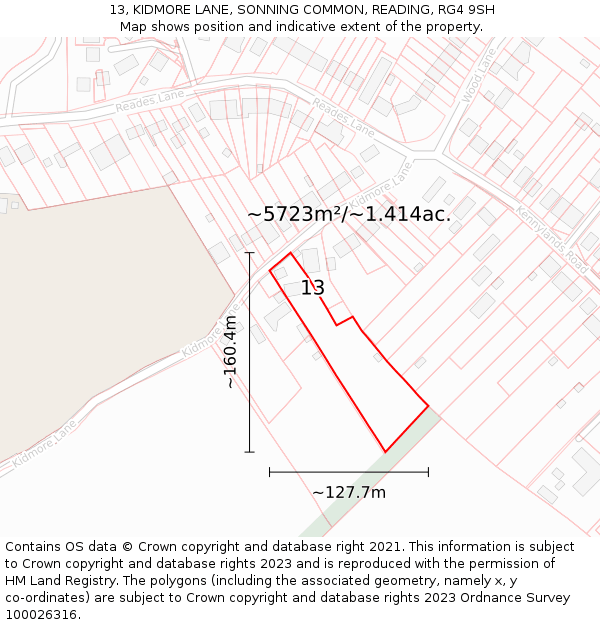 13, KIDMORE LANE, SONNING COMMON, READING, RG4 9SH: Plot and title map