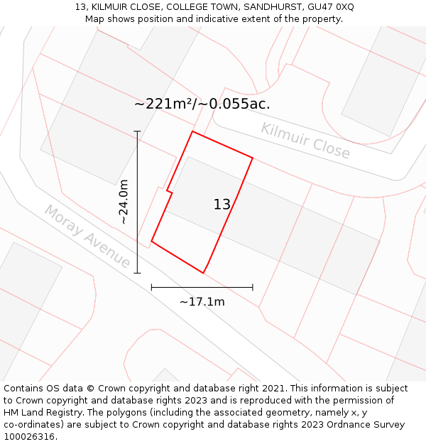 13, KILMUIR CLOSE, COLLEGE TOWN, SANDHURST, GU47 0XQ: Plot and title map
