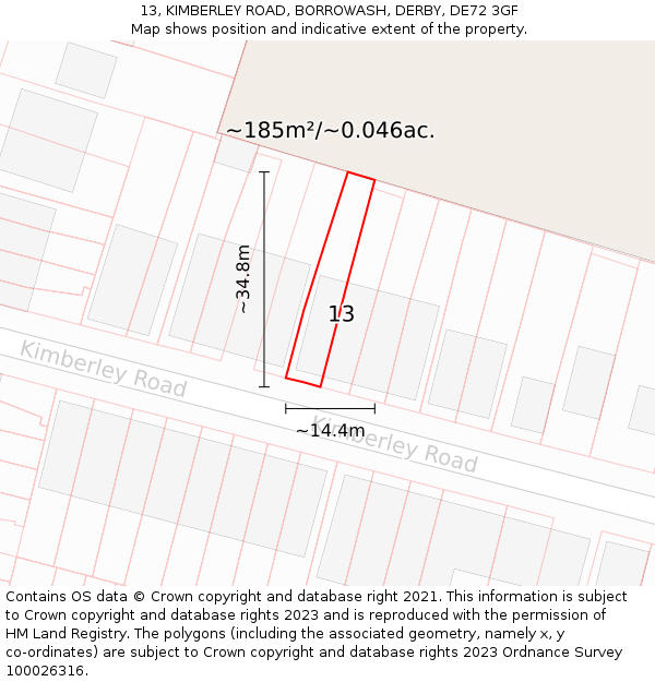 13, KIMBERLEY ROAD, BORROWASH, DERBY, DE72 3GF: Plot and title map