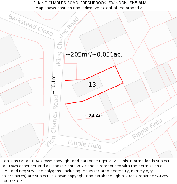 13, KING CHARLES ROAD, FRESHBROOK, SWINDON, SN5 8NA: Plot and title map