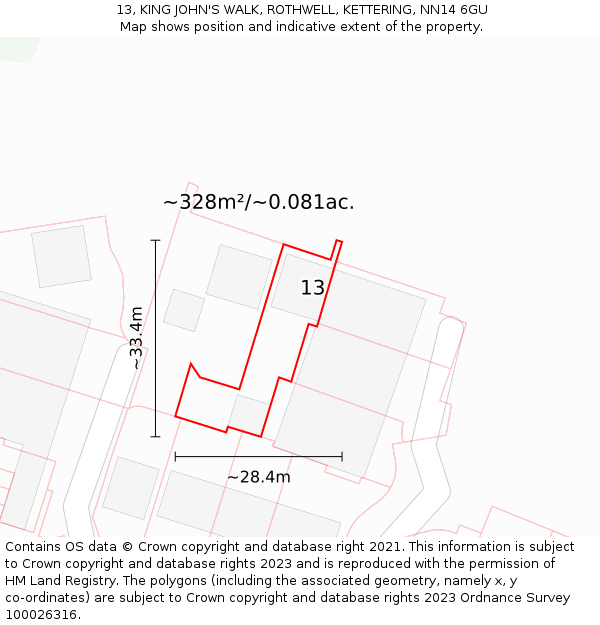 13, KING JOHN'S WALK, ROTHWELL, KETTERING, NN14 6GU: Plot and title map