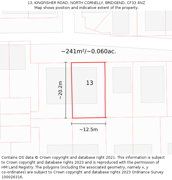 13, KINGFISHER ROAD, NORTH CORNELLY, BRIDGEND, CF33 4NZ: Plot and title map