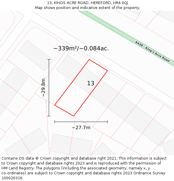 13, KINGS ACRE ROAD, HEREFORD, HR4 0QJ: Plot and title map