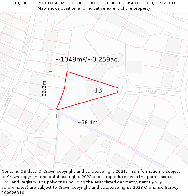 13, KINGS OAK CLOSE, MONKS RISBOROUGH, PRINCES RISBOROUGH, HP27 9LB: Plot and title map