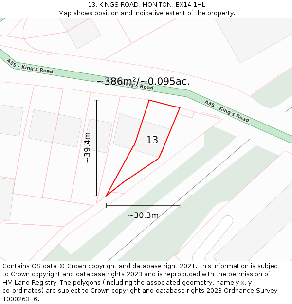 13, KINGS ROAD, HONITON, EX14 1HL: Plot and title map
