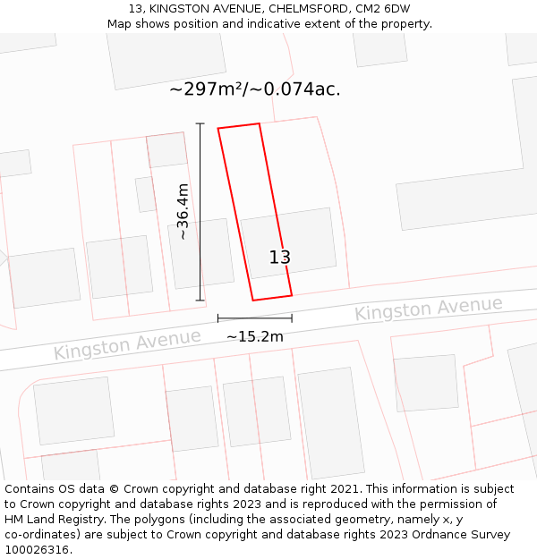 13, KINGSTON AVENUE, CHELMSFORD, CM2 6DW: Plot and title map