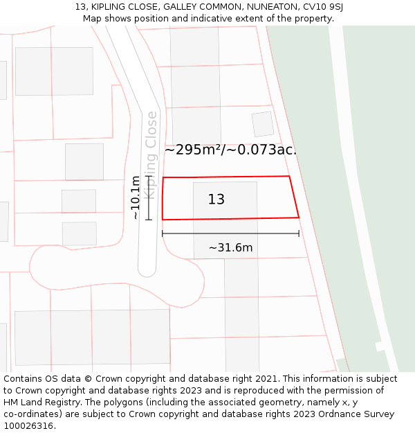 13, KIPLING CLOSE, GALLEY COMMON, NUNEATON, CV10 9SJ: Plot and title map