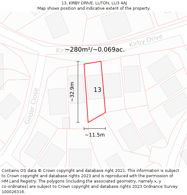 13, KIRBY DRIVE, LUTON, LU3 4AJ: Plot and title map
