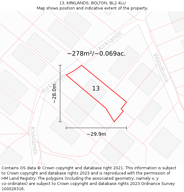 13, KIRKLANDS, BOLTON, BL2 4LU: Plot and title map