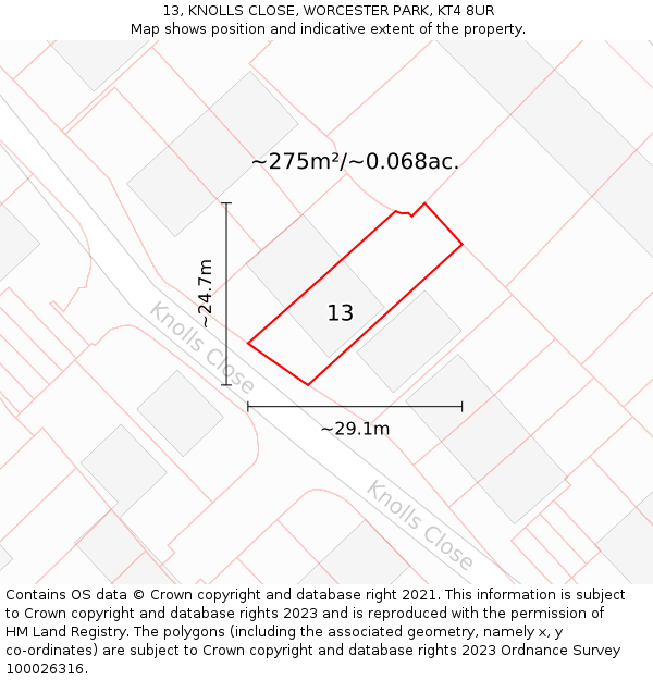 13, KNOLLS CLOSE, WORCESTER PARK, KT4 8UR: Plot and title map