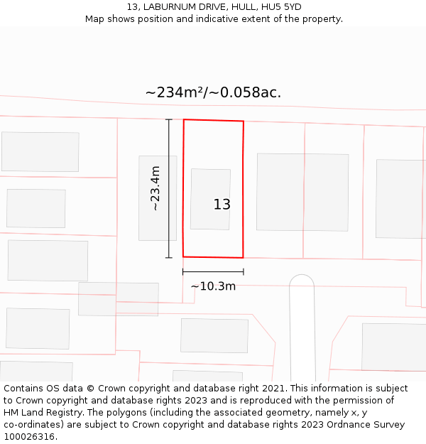 13, LABURNUM DRIVE, HULL, HU5 5YD: Plot and title map