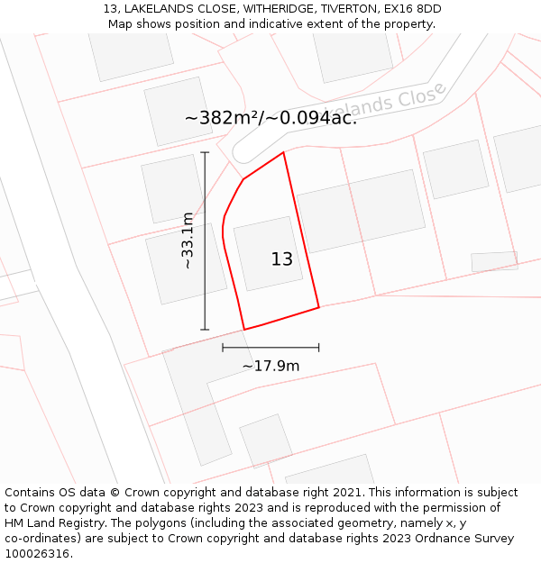 13, LAKELANDS CLOSE, WITHERIDGE, TIVERTON, EX16 8DD: Plot and title map