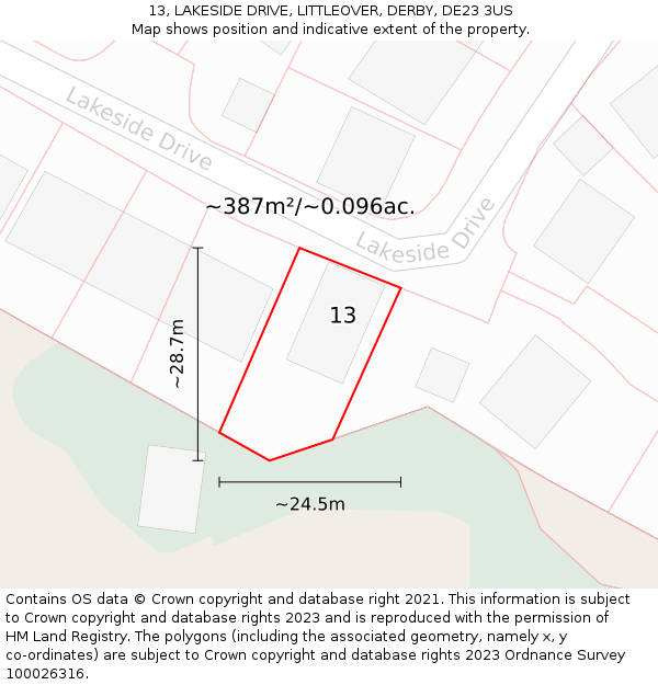 13, LAKESIDE DRIVE, LITTLEOVER, DERBY, DE23 3US: Plot and title map