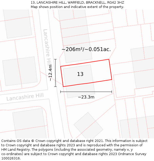 13, LANCASHIRE HILL, WARFIELD, BRACKNELL, RG42 3HZ: Plot and title map