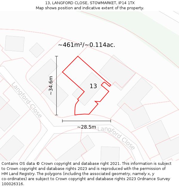 13, LANGFORD CLOSE, STOWMARKET, IP14 1TX: Plot and title map