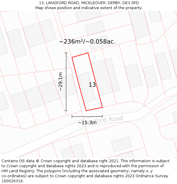 13, LANGFORD ROAD, MICKLEOVER, DERBY, DE3 0PD: Plot and title map