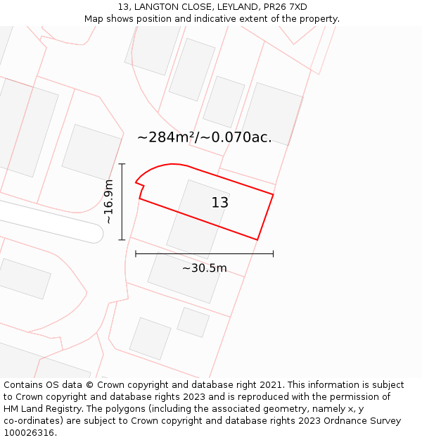 13, LANGTON CLOSE, LEYLAND, PR26 7XD: Plot and title map