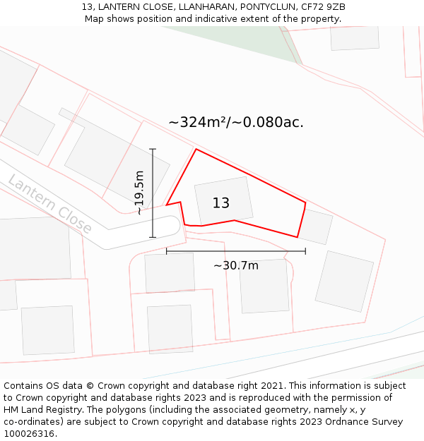 13, LANTERN CLOSE, LLANHARAN, PONTYCLUN, CF72 9ZB: Plot and title map