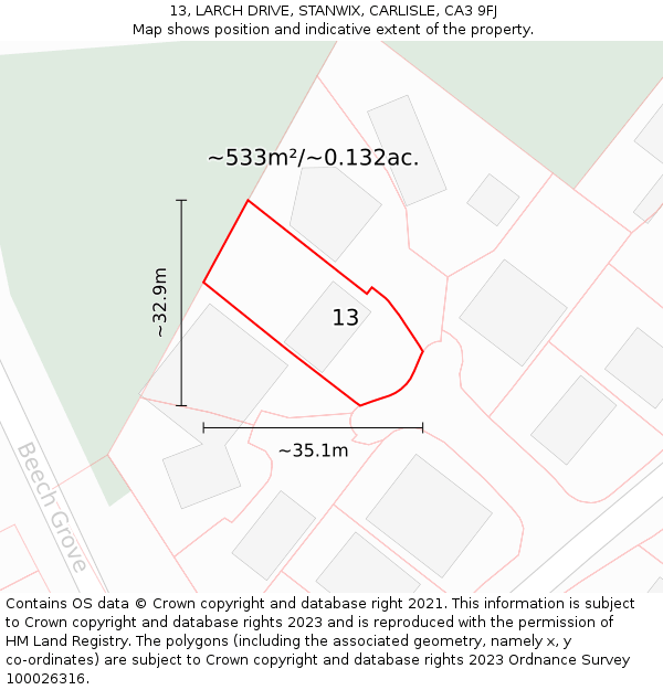 13, LARCH DRIVE, STANWIX, CARLISLE, CA3 9FJ: Plot and title map