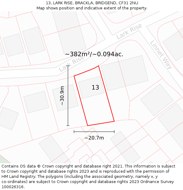 13, LARK RISE, BRACKLA, BRIDGEND, CF31 2NU: Plot and title map