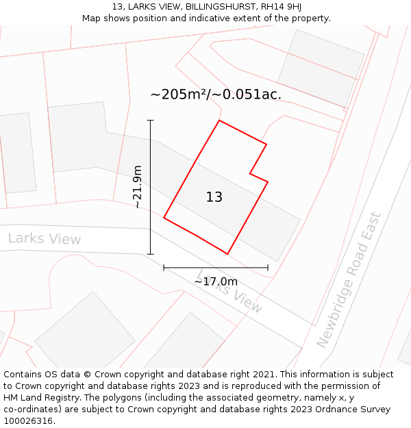 13, LARKS VIEW, BILLINGSHURST, RH14 9HJ: Plot and title map