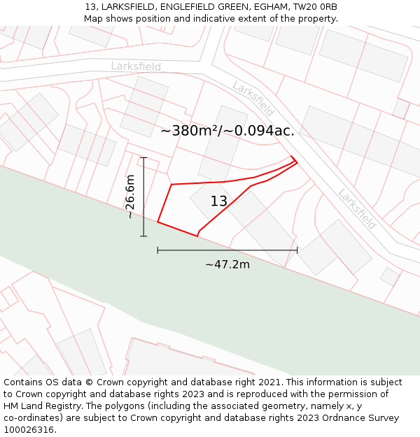 13, LARKSFIELD, ENGLEFIELD GREEN, EGHAM, TW20 0RB: Plot and title map