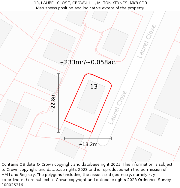 13, LAUREL CLOSE, CROWNHILL, MILTON KEYNES, MK8 0DR: Plot and title map