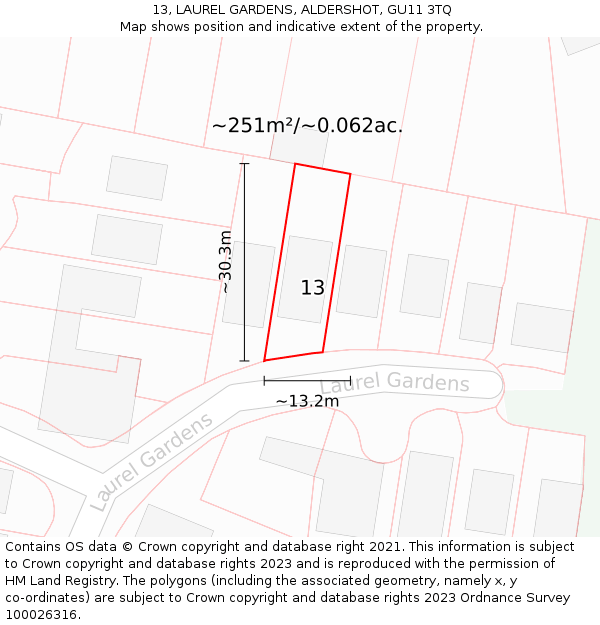 13, LAUREL GARDENS, ALDERSHOT, GU11 3TQ: Plot and title map