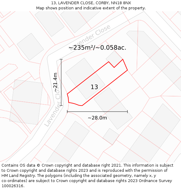 13, LAVENDER CLOSE, CORBY, NN18 8NX: Plot and title map