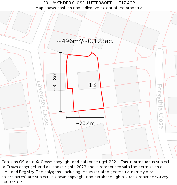 13, LAVENDER CLOSE, LUTTERWORTH, LE17 4GP: Plot and title map