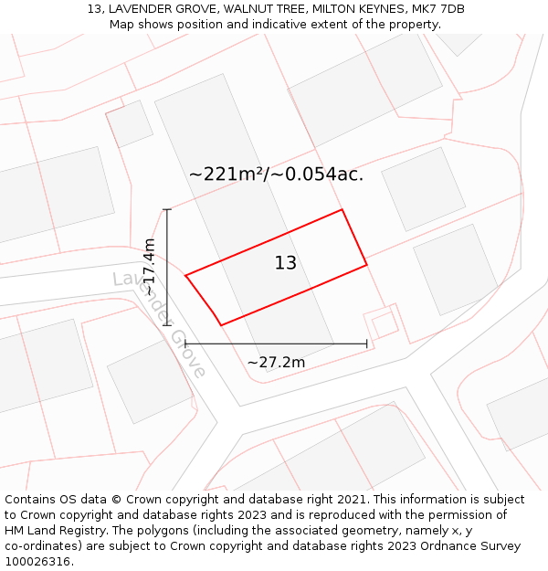 13, LAVENDER GROVE, WALNUT TREE, MILTON KEYNES, MK7 7DB: Plot and title map