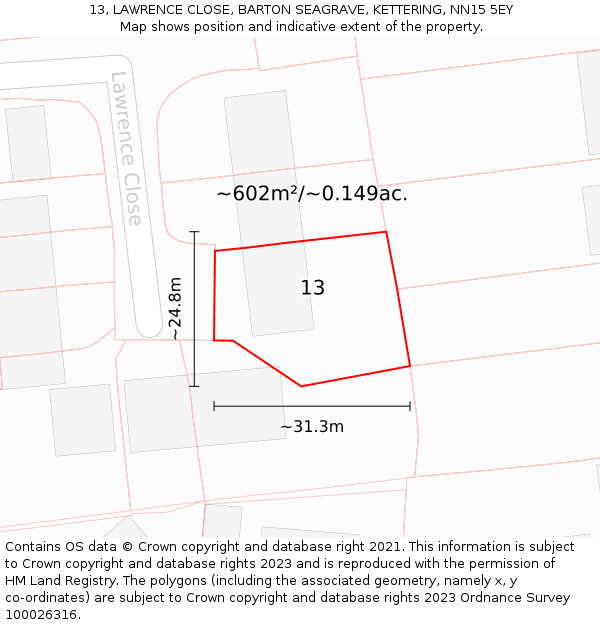 13, LAWRENCE CLOSE, BARTON SEAGRAVE, KETTERING, NN15 5EY: Plot and title map