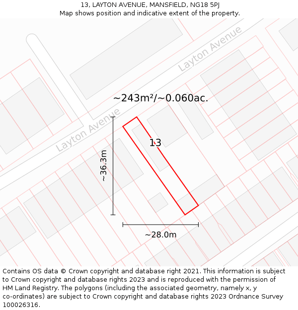 13, LAYTON AVENUE, MANSFIELD, NG18 5PJ: Plot and title map