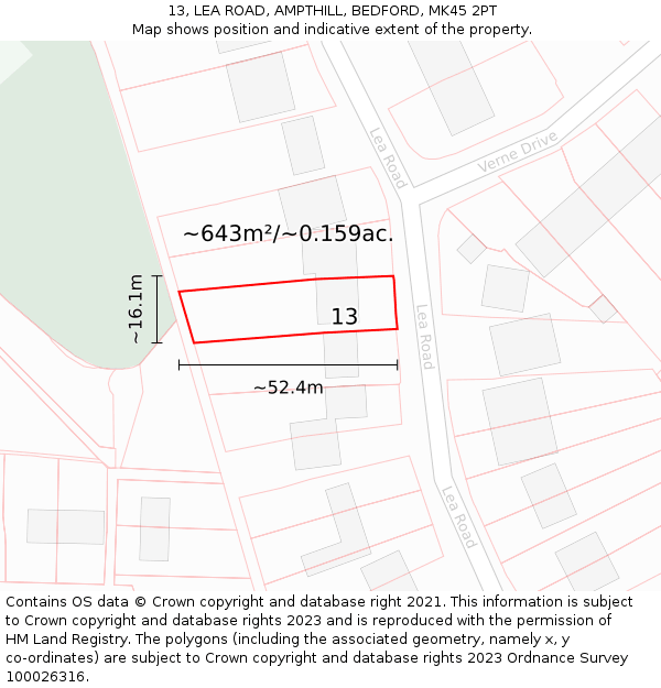 13, LEA ROAD, AMPTHILL, BEDFORD, MK45 2PT: Plot and title map