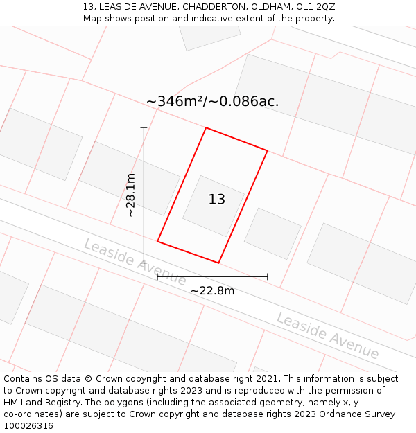 13, LEASIDE AVENUE, CHADDERTON, OLDHAM, OL1 2QZ: Plot and title map