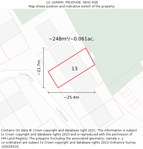 13, LEAWAY, PRUDHOE, NE42 6QE: Plot and title map