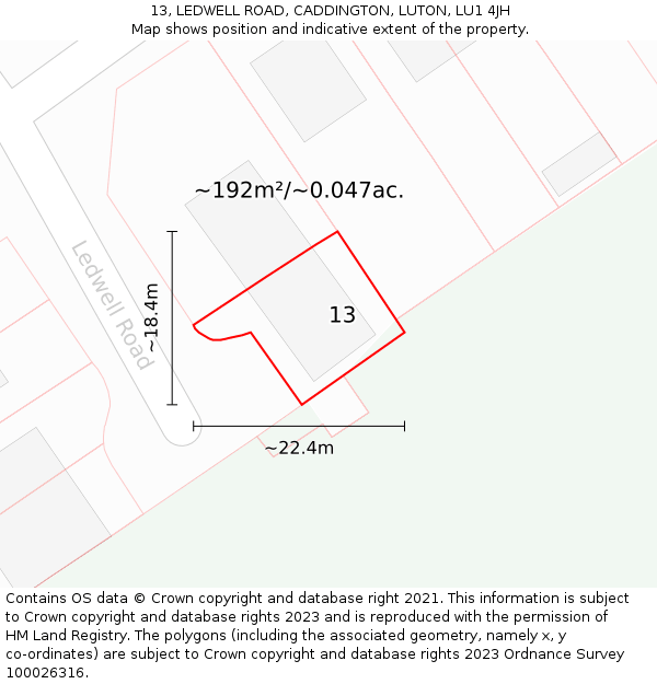 13, LEDWELL ROAD, CADDINGTON, LUTON, LU1 4JH: Plot and title map