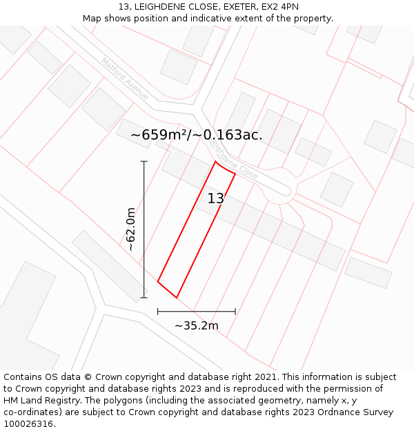 13, LEIGHDENE CLOSE, EXETER, EX2 4PN: Plot and title map