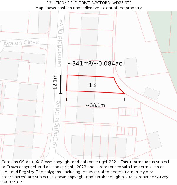 13, LEMONFIELD DRIVE, WATFORD, WD25 9TP: Plot and title map