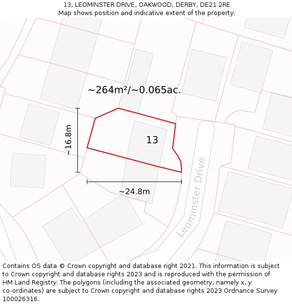 13, LEOMINSTER DRIVE, OAKWOOD, DERBY, DE21 2RE: Plot and title map