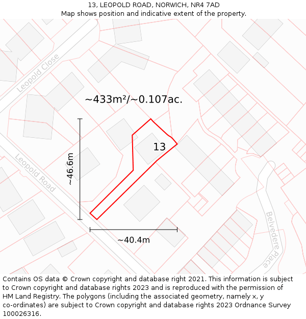 13, LEOPOLD ROAD, NORWICH, NR4 7AD: Plot and title map