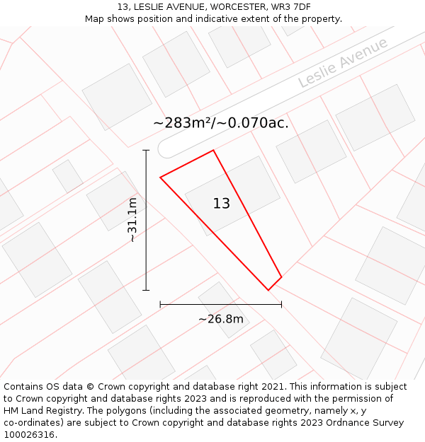 13, LESLIE AVENUE, WORCESTER, WR3 7DF: Plot and title map