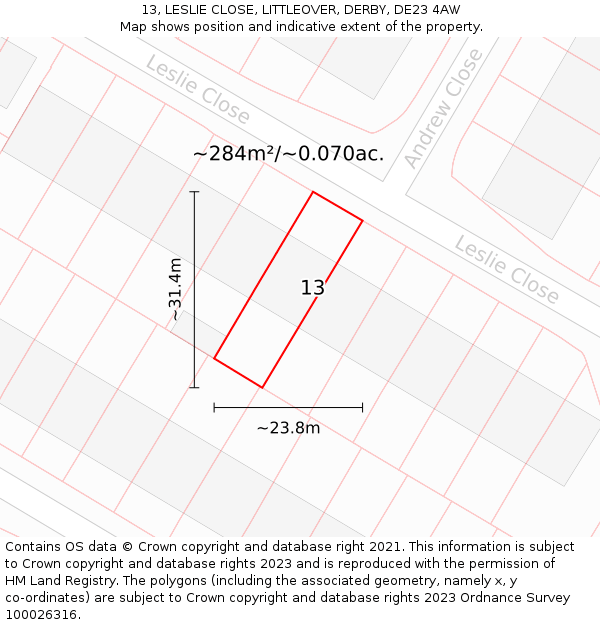 13, LESLIE CLOSE, LITTLEOVER, DERBY, DE23 4AW: Plot and title map