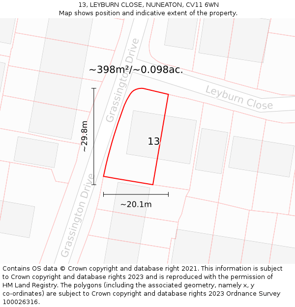 13, LEYBURN CLOSE, NUNEATON, CV11 6WN: Plot and title map